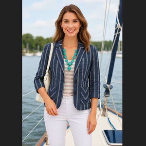 Cabi Linen Blazer Jacket Size 6 Navy Blue Striped Nautical Button Front #871 NEW